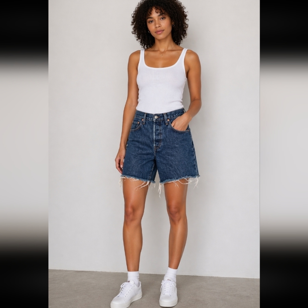 Levi's Vintage Style Dark Blue Frayed Hem Jean Shorts